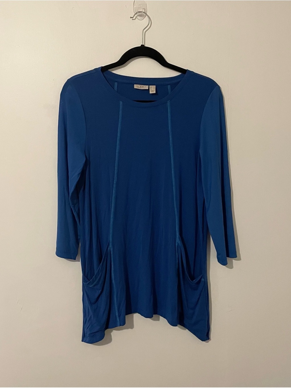 LOGO By Lori Goldstein Blue Tunic Top Shirt Double Pockets Lagenlook Size Small